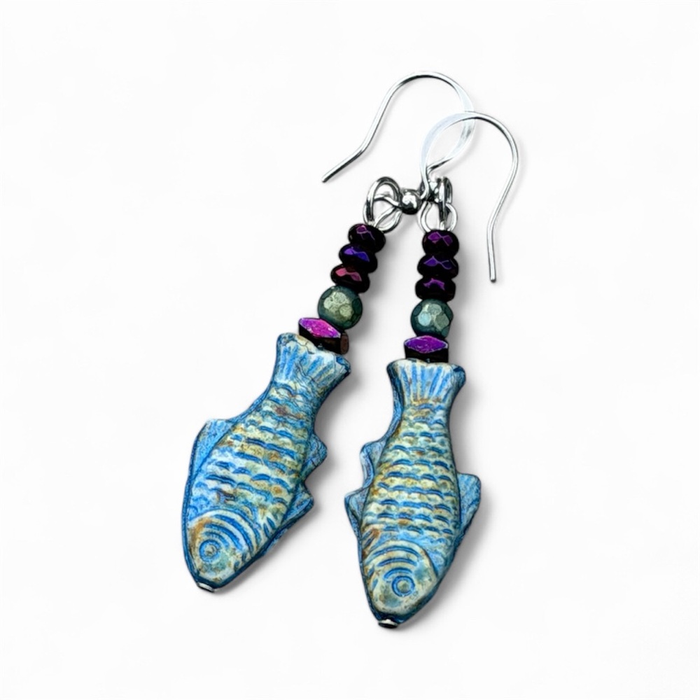 Handcrafted Blue Fish Dangle Earrings